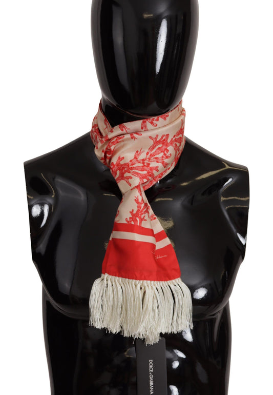 Dolce & Gabbana White Red Coral Print Shawl Wrap Fringe Scarf - Designed by Dolce & Gabbana Available to Buy at a Discounted Price on Moon Behind The Hill Online Designer Discount Store