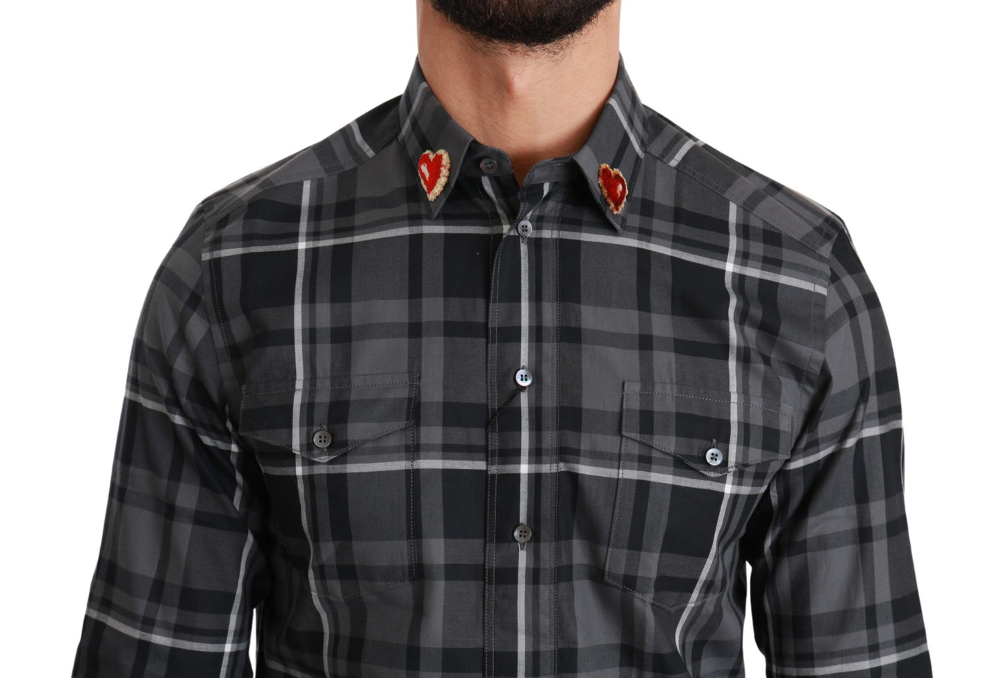 Gray Checkered Heart Collar MARTINI Shirt - Designed by Dolce & Gabbana Available to Buy at a Discounted Price on Moon Behind The Hill Online Designer Discount Store