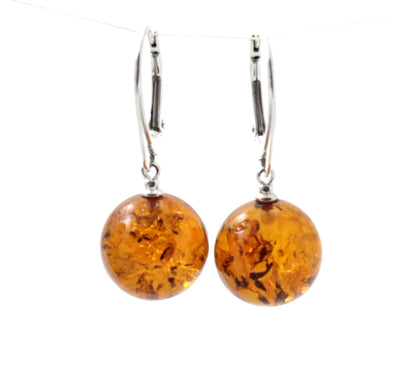 ERP-3D Amber Ball Cognac Earrings With Silver - Designed by TipTopEco Available to Buy at a Discounted Price on Moon Behind The Hill Online Designer Discount Store