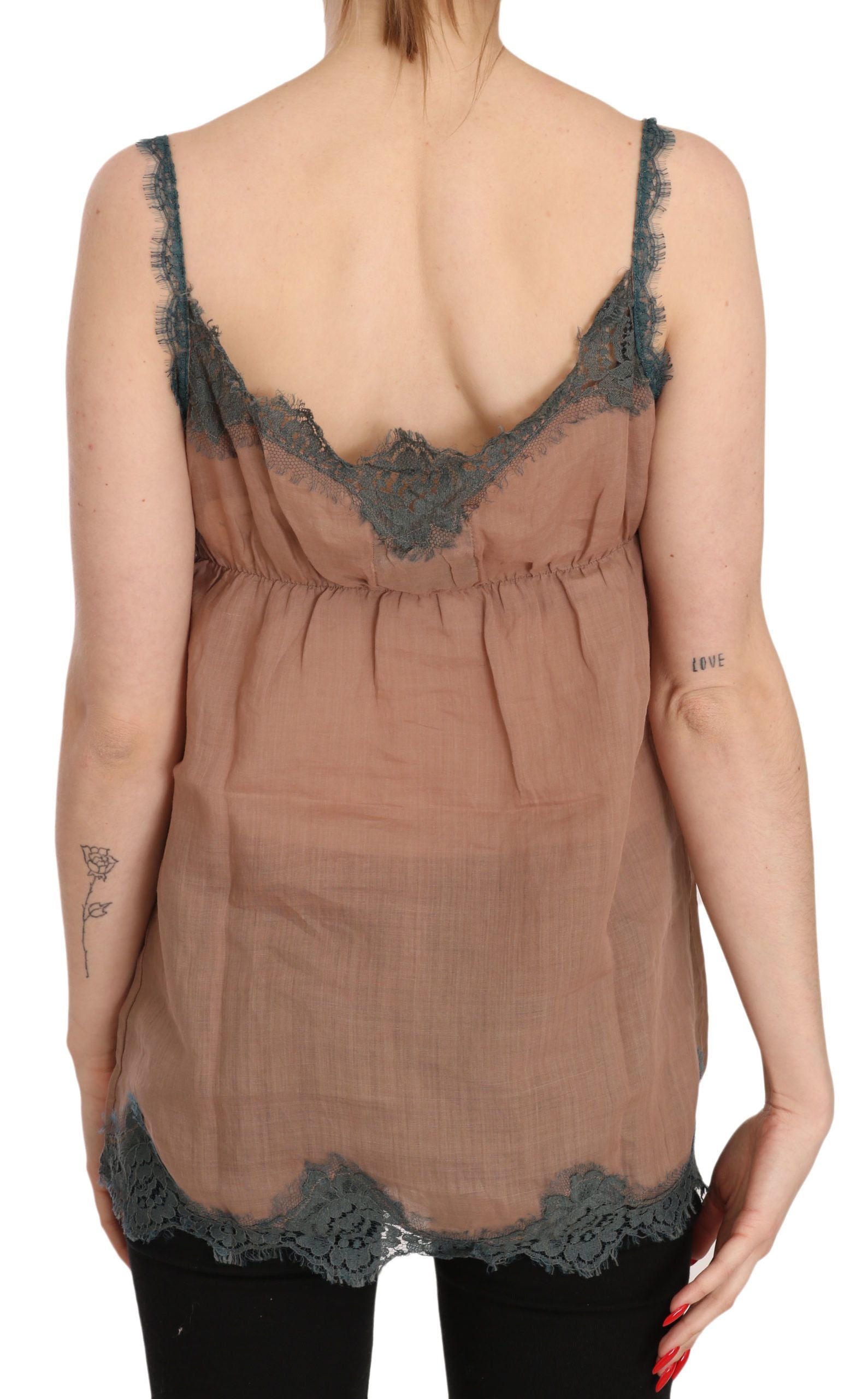 Brown Lace Spaghetti Strap Tank Top Blouse - Designed by PINK MEMORIES Available to Buy at a Discounted Price on Moon Behind The Hill Online Designer Discount Store