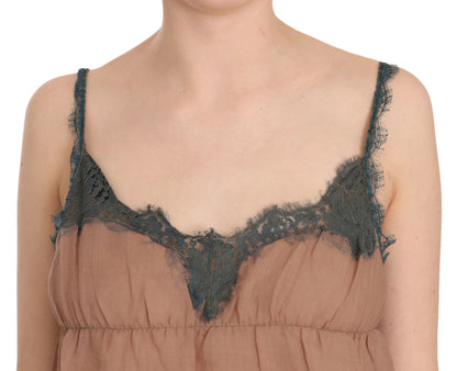 Brown Lace Spaghetti Strap Tank Top Blouse - Designed by PINK MEMORIES Available to Buy at a Discounted Price on Moon Behind The Hill Online Designer Discount Store