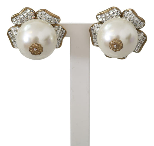 Gold Tone Maxi Faux Pearl Floral Clip-on Earrings - Designed by Dolce & Gabbana Available to Buy at a Discounted Price on Moon Behind The Hill Online Designer Discount Store