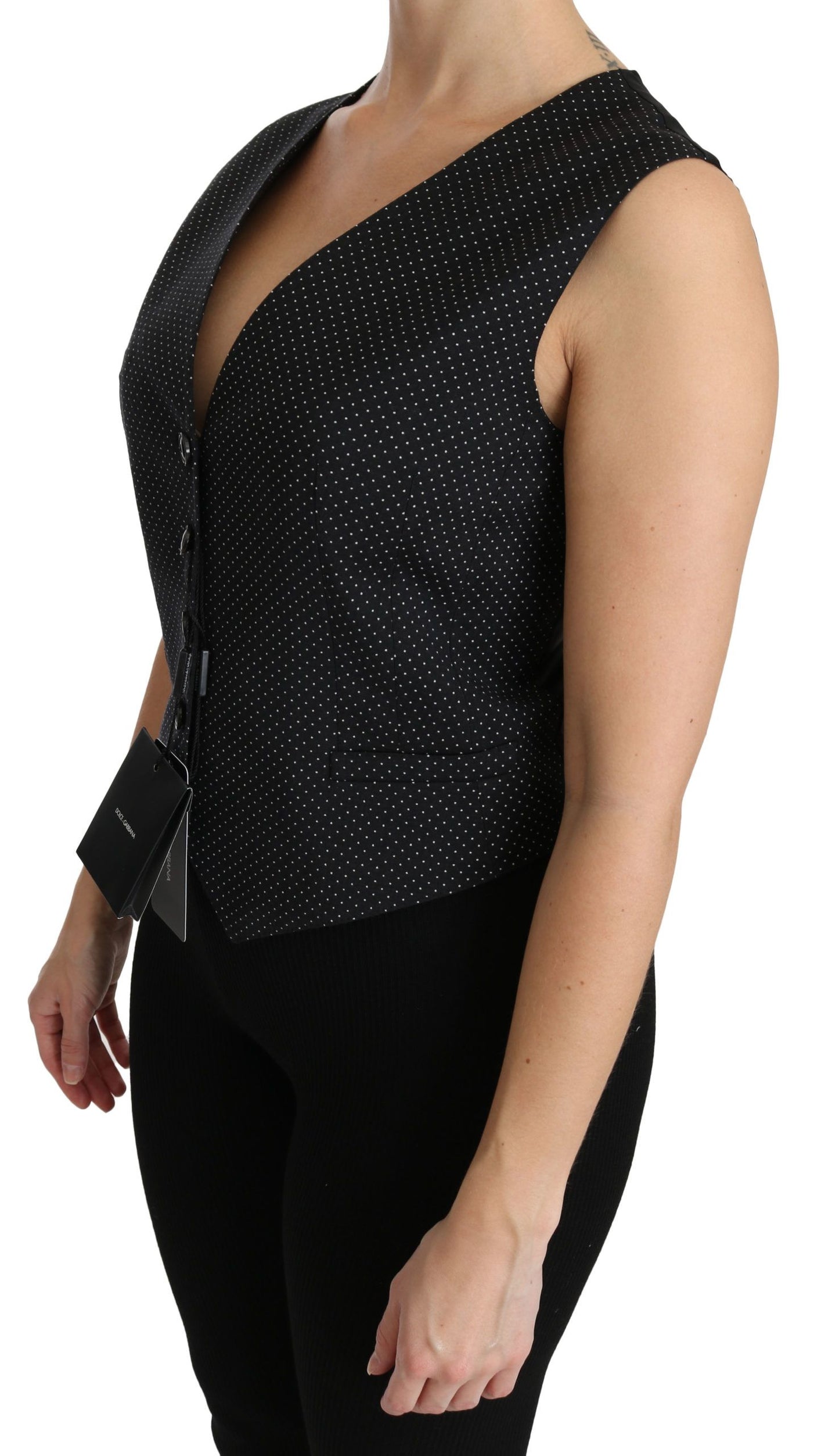 Dolce & Gabbana Ladies' Black Dotted Waistcoat Vest Blouse Top - Designed by Dolce & Gabbana Available to Buy at a Discounted Price on Moon Behind The Hill Online Designer Discount Store