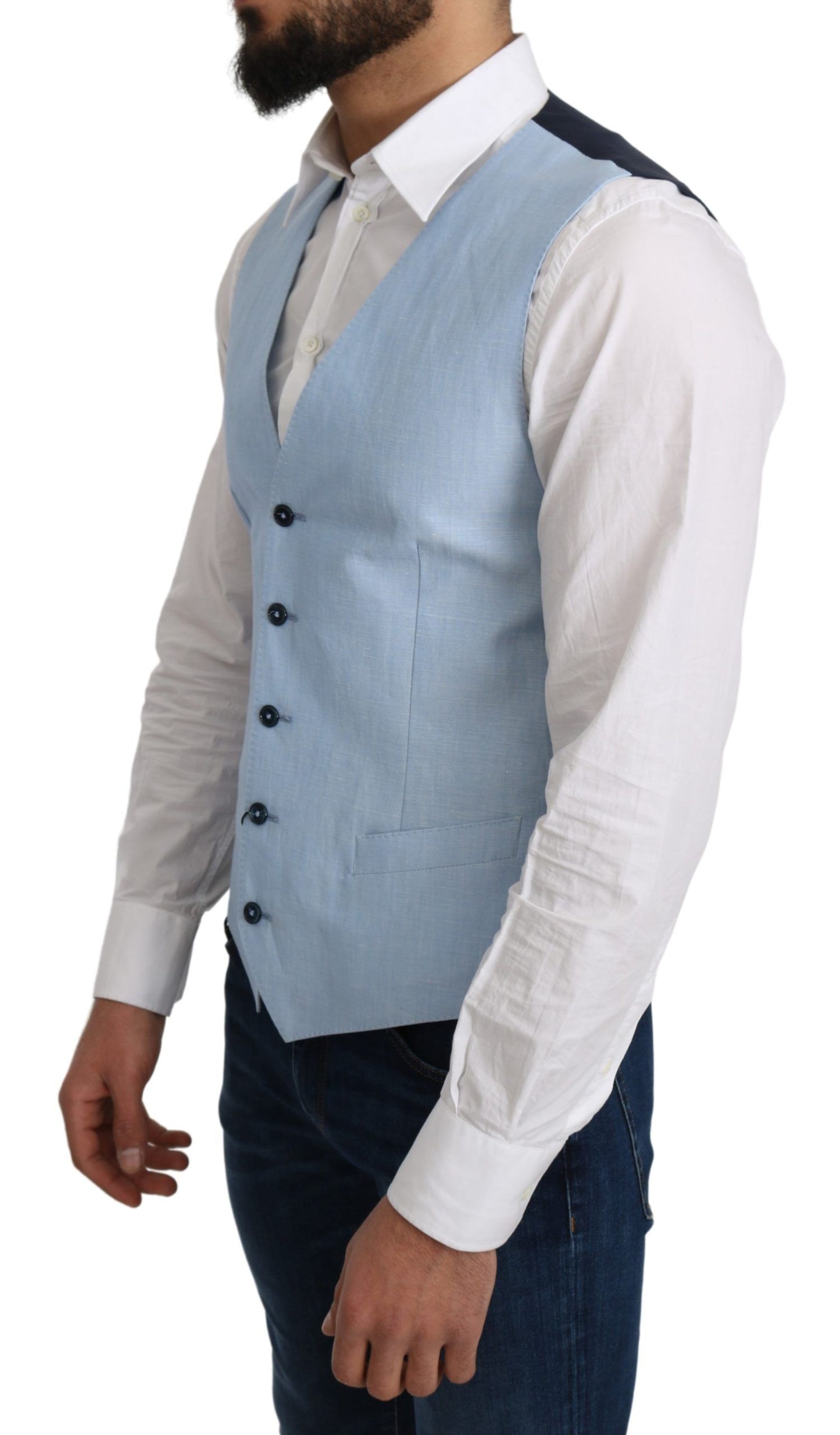 Blue Viscose Stretch Formal Coat Vest - Designed by Dolce & Gabbana Available to Buy at a Discounted Price on Moon Behind The Hill Online Designer Discount Store
