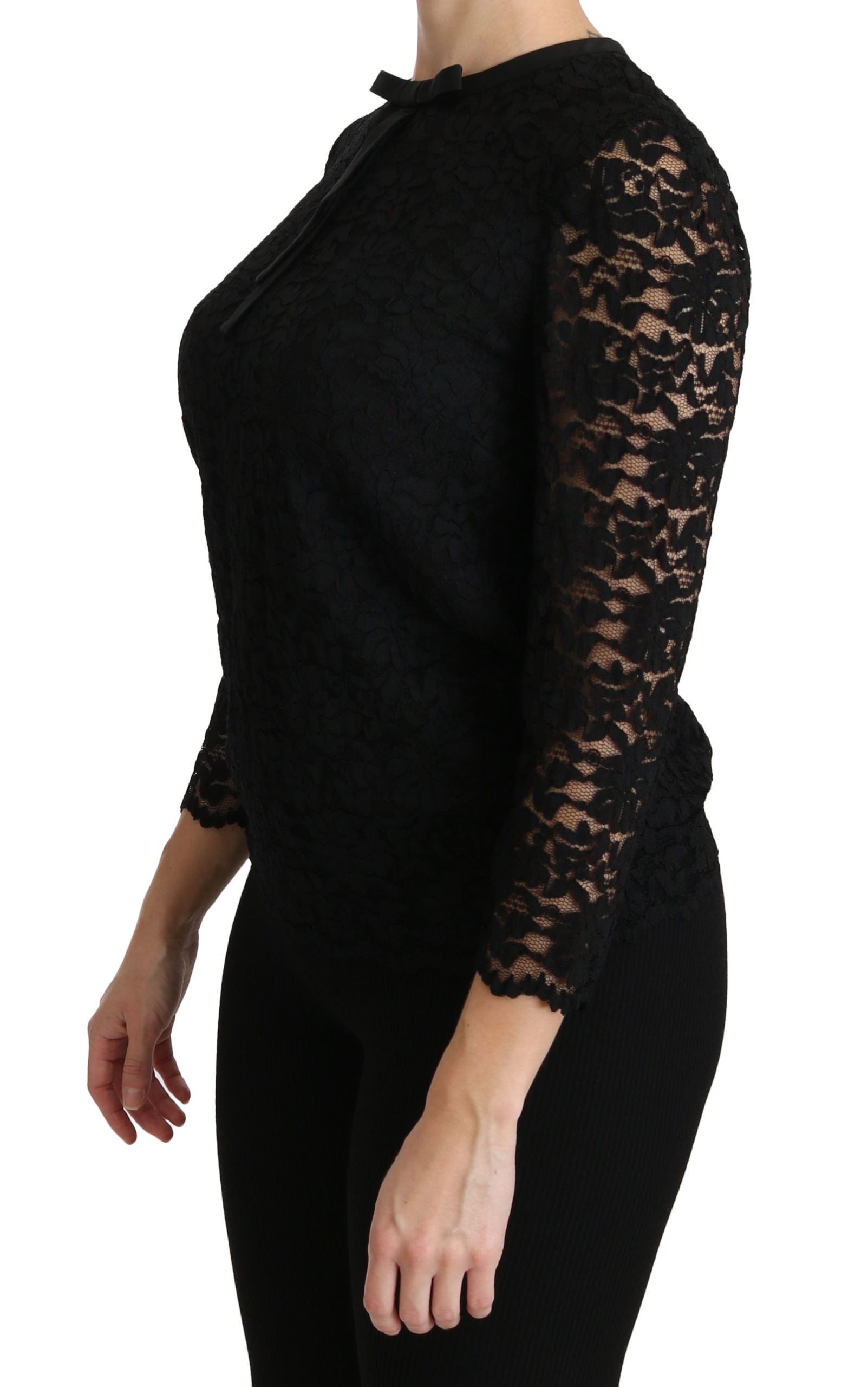 Black Lace Long Sleeve Nylon Blouse - Designed by Dolce & Gabbana Available to Buy at a Discounted Price on Moon Behind The Hill Online Designer Discount Store