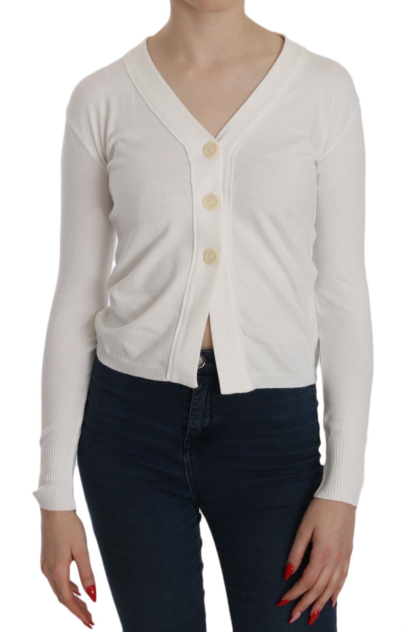 Byblos Women's White V-neck Long Sleeve Cropped Cardigan Tops Sweater - Designed by BYBLOS Available to Buy at a Discounted Price on Moon Behind The Hill Online Designer Discount Store