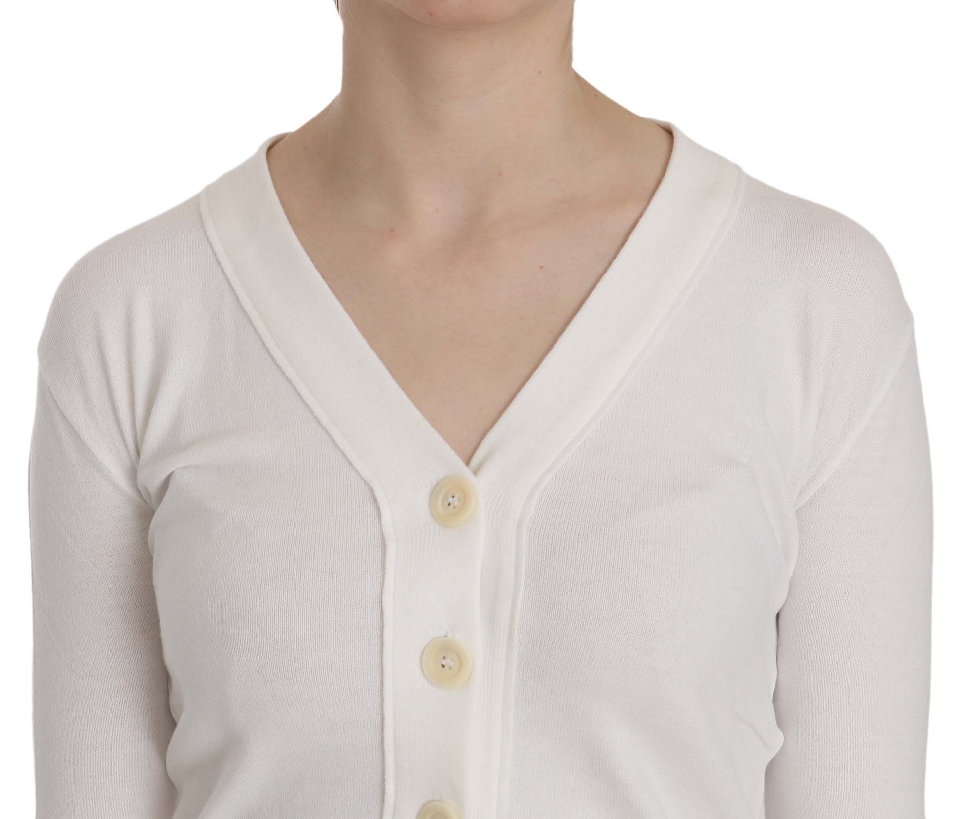 Byblos Women's White V-neck Long Sleeve Cropped Cardigan Tops Sweater - Designed by BYBLOS Available to Buy at a Discounted Price on Moon Behind The Hill Online Designer Discount Store