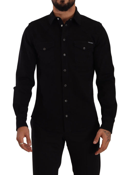 Black Slim Cotton Denim Stretch Shirt - Designed by Dolce & Gabbana Available to Buy at a Discounted Price on Moon Behind The Hill Online Designer Discount Store