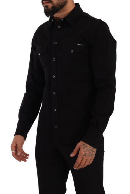 Black Slim Cotton Denim Stretch Shirt - Designed by Dolce & Gabbana Available to Buy at a Discounted Price on Moon Behind The Hill Online Designer Discount Store