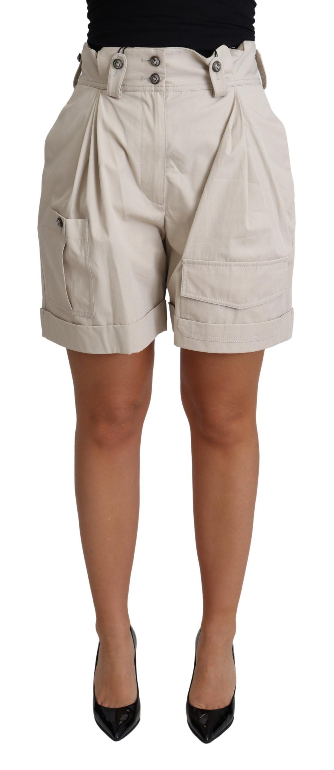 Beige Cotton Pleated High Waist Casual Shorts - Designed by Dolce & Gabbana Available to Buy at a Discounted Price on Moon Behind The Hill Online Designer Discount Store