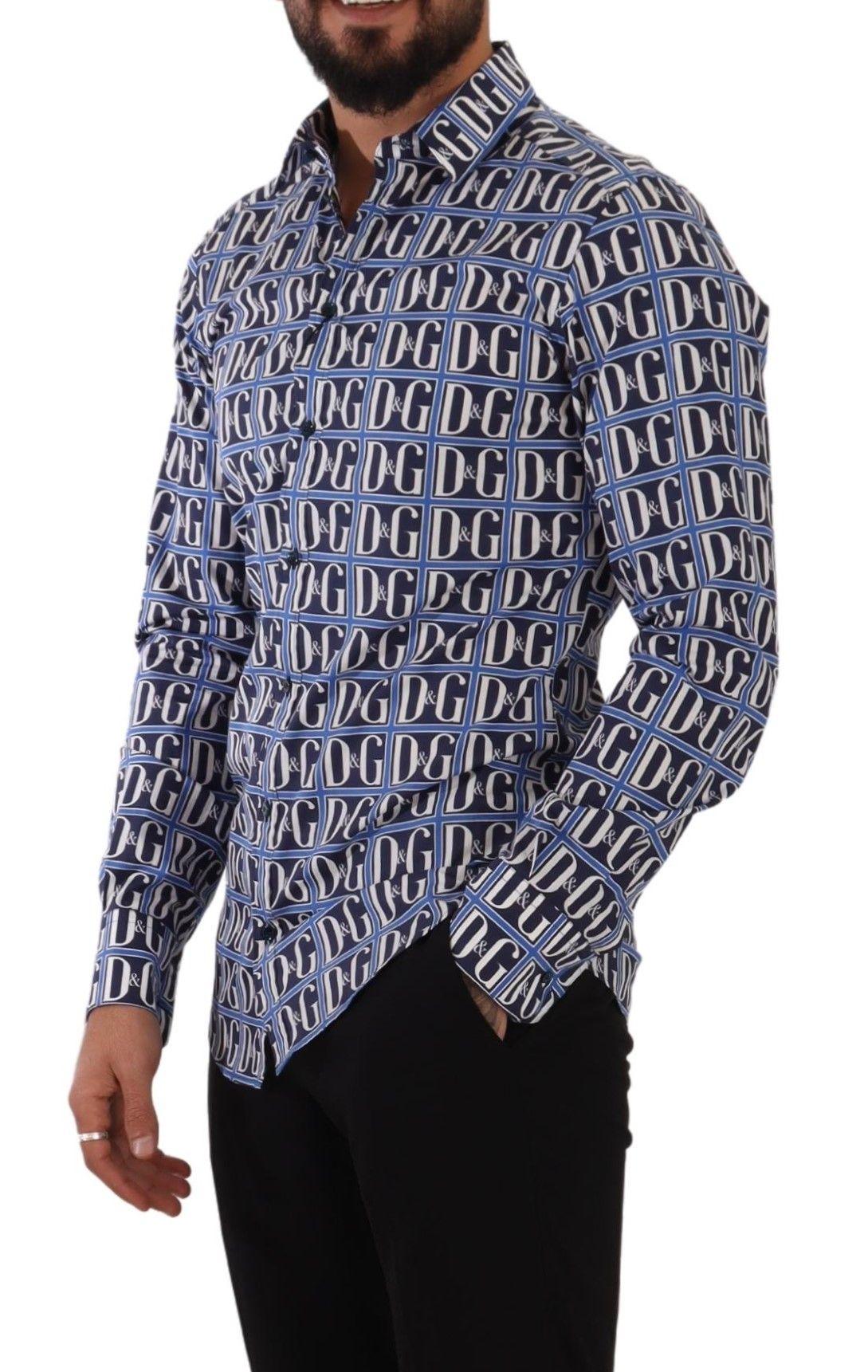 Blue Logo Mania Slim Fit Cotton Shirt - Designed by Dolce & Gabbana Available to Buy at a Discounted Price on Moon Behind The Hill Online Designer Discount Store