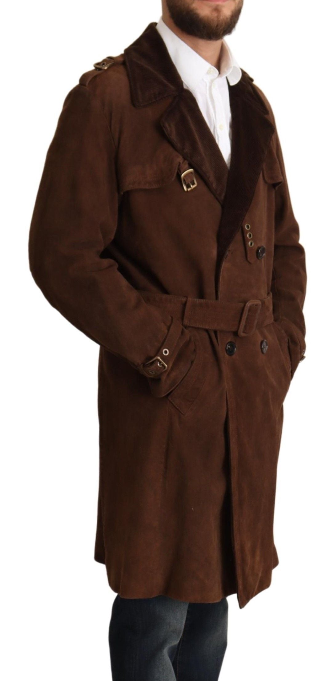 Brown Leather Long Trench Coat Men Jacket - Designed by Dolce & Gabbana Available to Buy at a Discounted Price on Moon Behind The Hill Online Designer Discount Store