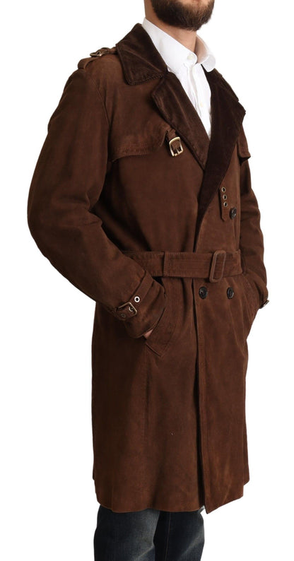 Brown Leather Long Trench Coat Men Jacket - Designed by Dolce & Gabbana Available to Buy at a Discounted Price on Moon Behind The Hill Online Designer Discount Store