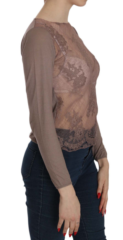 Brown Lace See Through Long Sleeve Top - Designed by PINK MEMORIES Available to Buy at a Discounted Price on Moon Behind The Hill Online Designer Discount Store
