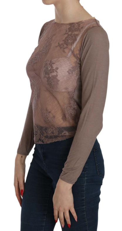 Brown Lace See Through Long Sleeve Top - Designed by PINK MEMORIES Available to Buy at a Discounted Price on Moon Behind The Hill Online Designer Discount Store