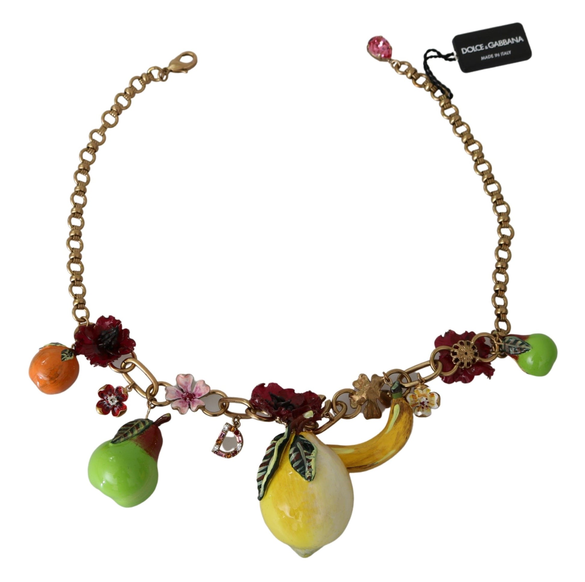 FRUIT Pendants Flowers Crystal DG Logo Gold Brass Necklace - Designed by Dolce & Gabbana Available to Buy at a Discounted Price on Moon Behind The Hill Online Designer Discount Store