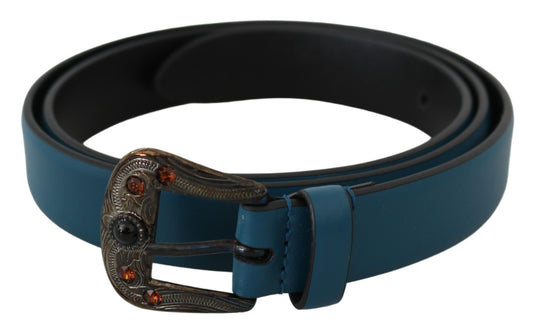 Blue Leather Amber Crystal Baroque Buckle Belt - Designed by Dolce & Gabbana Available to Buy at a Discounted Price on Moon Behind The Hill Online Designer Discount Store