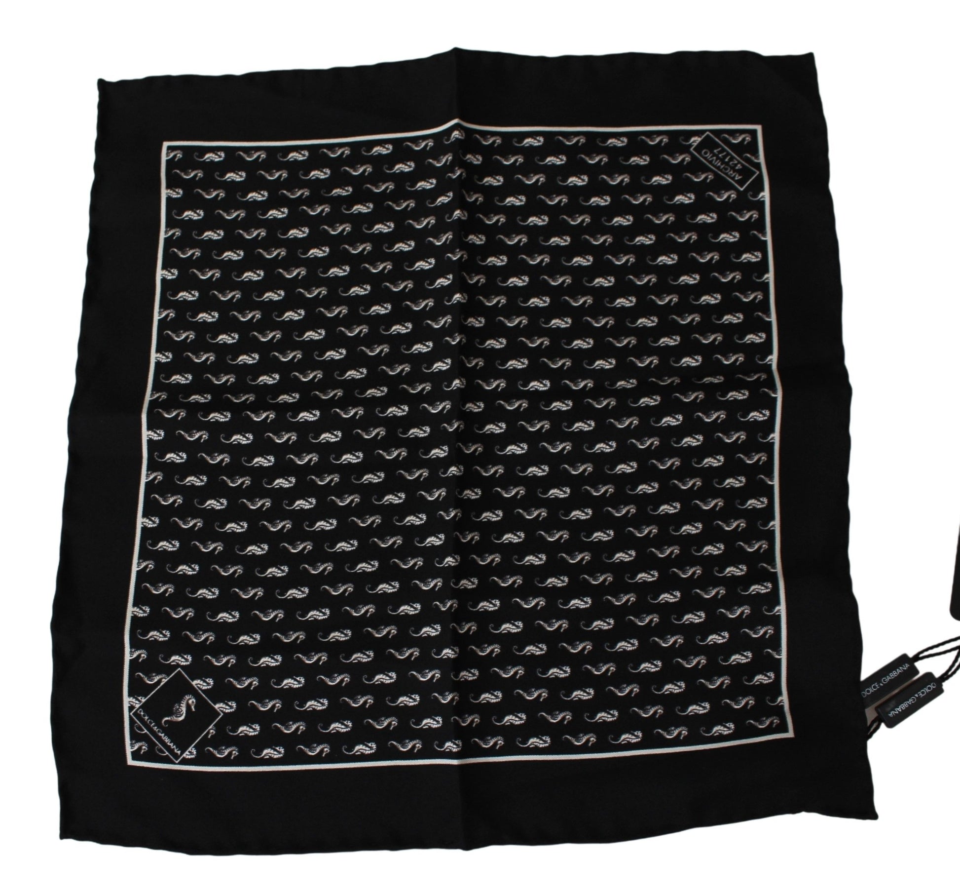 Dolce & Gabbana Scarf Black Seahorse Print Silk Handkerchief - Designed by Dolce & Gabbana Available to Buy at a Discounted Price on Moon Behind The Hill Online Designer Discount Store