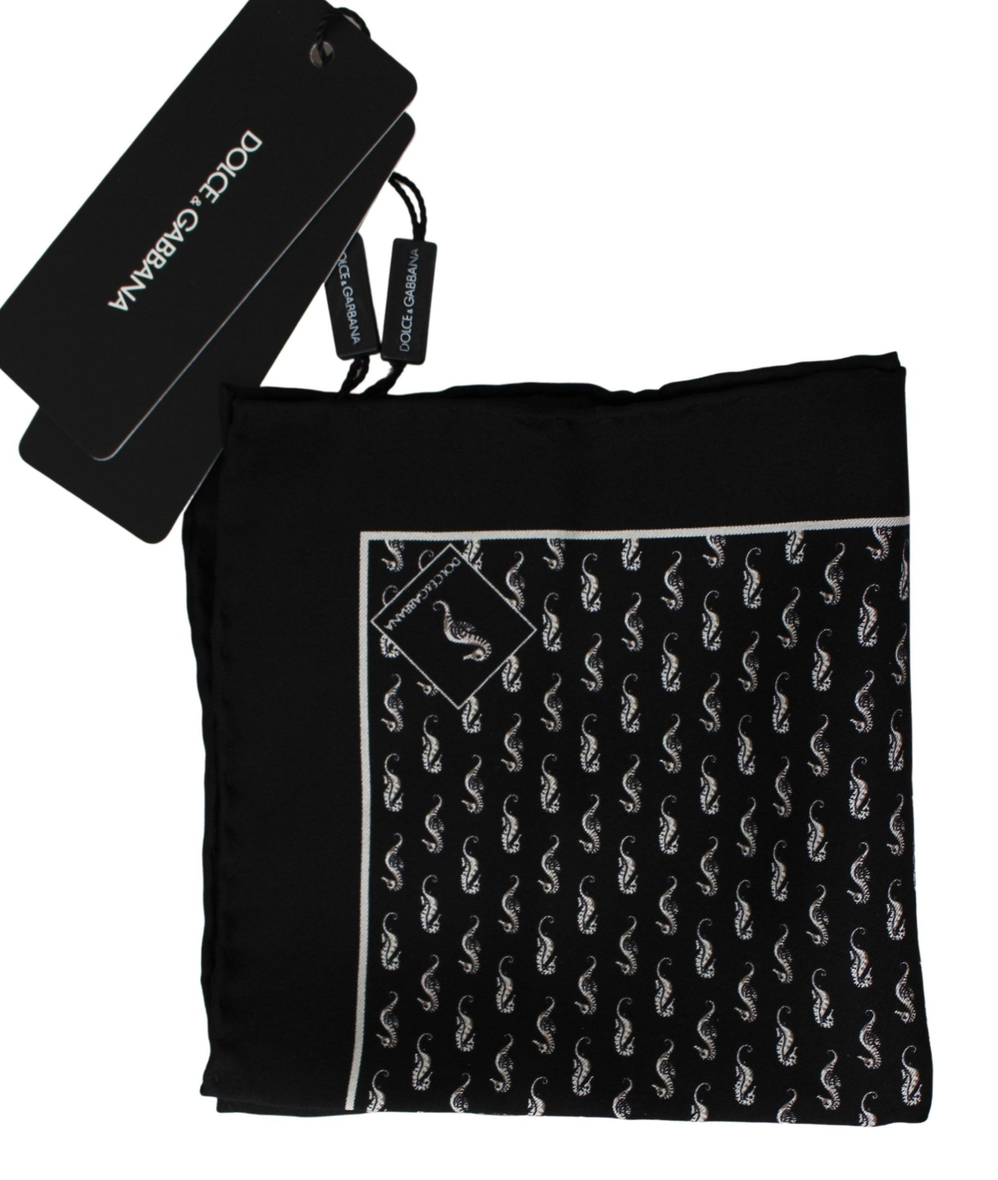 Dolce & Gabbana Scarf Black Seahorse Print Silk Handkerchief - Designed by Dolce & Gabbana Available to Buy at a Discounted Price on Moon Behind The Hill Online Designer Discount Store
