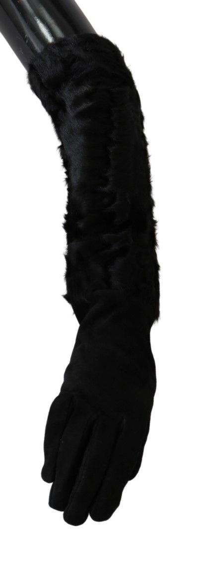 Black Elbow Length Mitten Suede Fur Gloves - Designed by Dolce & Gabbana Available to Buy at a Discounted Price on Moon Behind The Hill Online Designer Discount Store
