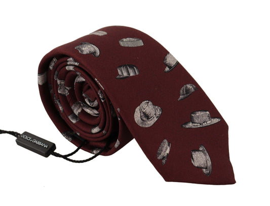 Dolce & Gabbana Maroon Hat Pattern 100% Silk Adjustable Accessory Tie - Designed by Dolce & Gabbana Available to Buy at a Discounted Price on Moon Behind The Hill Online Designer Discount Sto