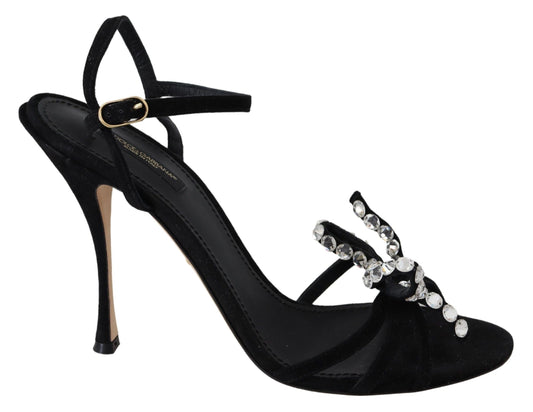 Dolce & Gabbana Black Suede Crystals Heels Sandals Shoes - Designed by Dolce & Gabbana Available to Buy at a Discounted Price on Moon Behind The Hill Online Designer Discount Store