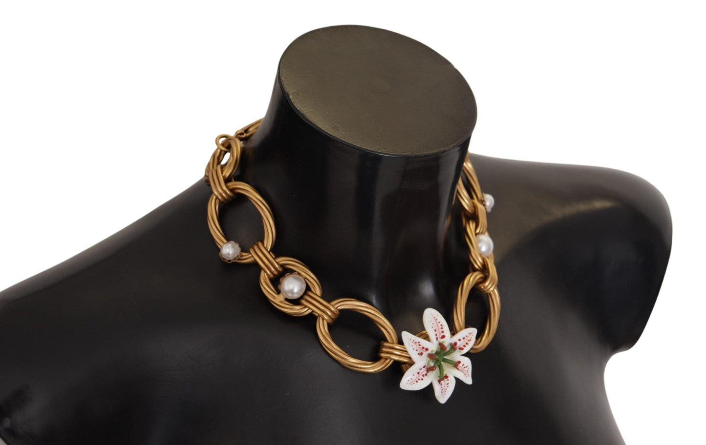 Dolce & Gabbana Gold White Lily Floral Chain Statement Necklace - Designed by Dolce & Gabbana Available to Buy at a Discounted Price on Moon Behind The Hill Online Designer Discount Store