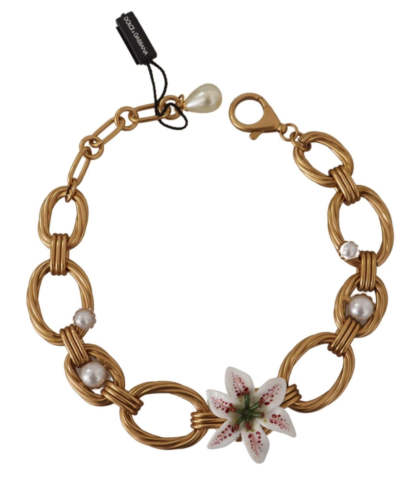 Dolce & Gabbana Gold White Lily Floral Chain Statement Necklace - Designed by Dolce & Gabbana Available to Buy at a Discounted Price on Moon Behind The Hill Online Designer Discount Store
