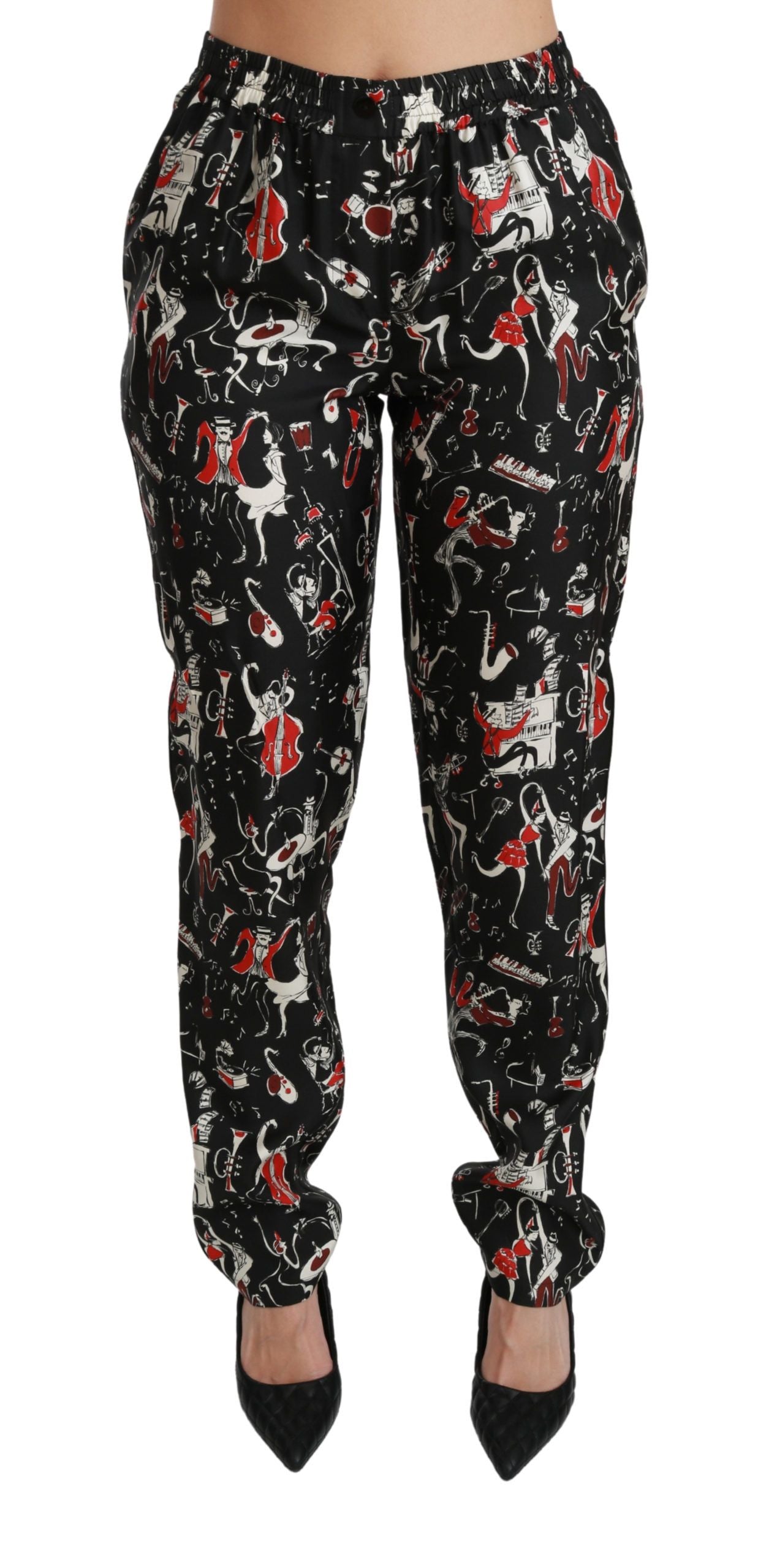 Black Silk Instrument Mid Waist Pants - Designed by Dolce & Gabbana Available to Buy at a Discounted Price on Moon Behind The Hill Online Designer Discount Store