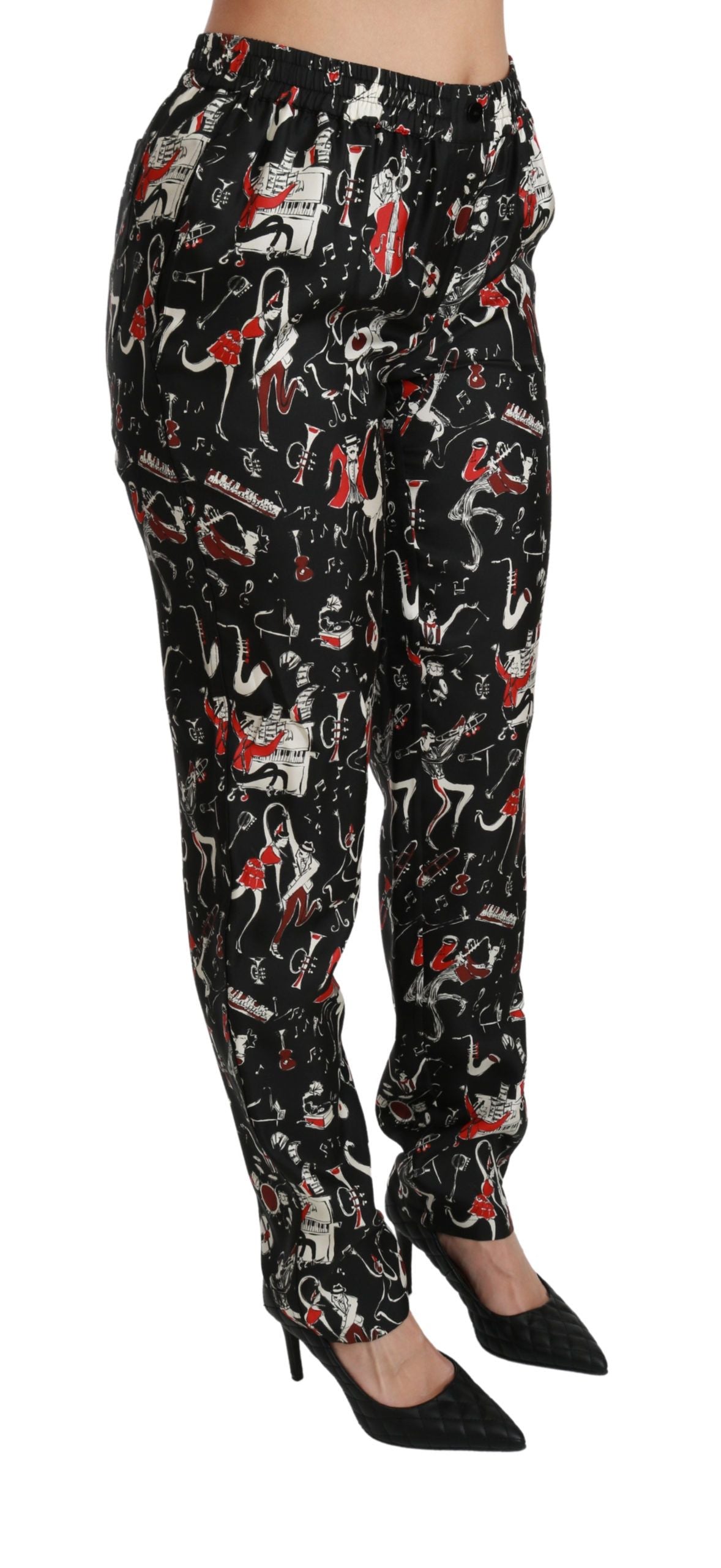 Black Silk Instrument Mid Waist Pants - Designed by Dolce & Gabbana Available to Buy at a Discounted Price on Moon Behind The Hill Online Designer Discount Store