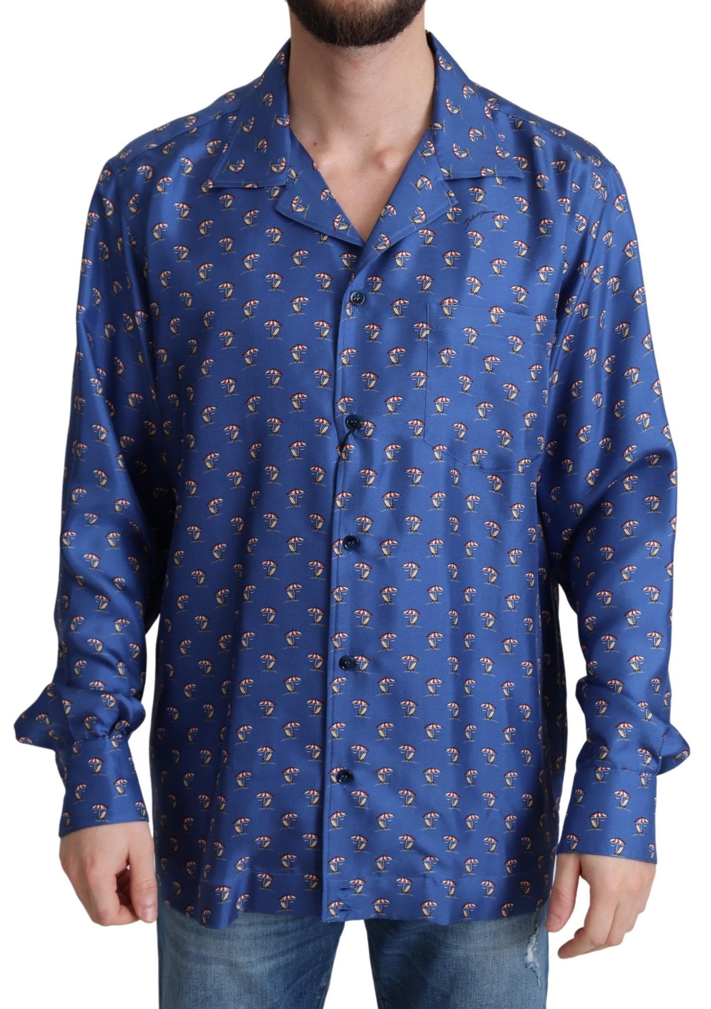 Blue Beach Chair Umbrella Print Silk Shirt - Designed by Dolce & Gabbana Available to Buy at a Discounted Price on Moon Behind The Hill Online Designer Discount Store