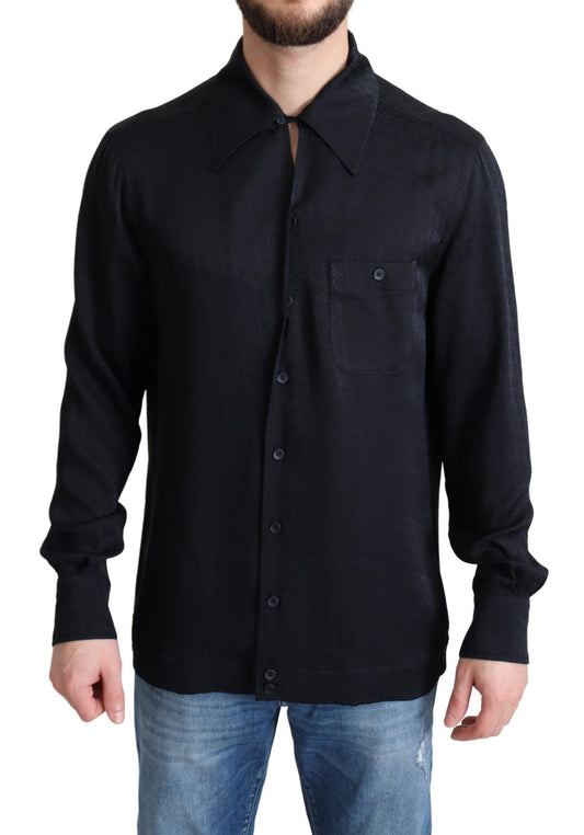 Black Jacquard Silk Casual Btton Doown Shirt - Designed by Dolce & Gabbana Available to Buy at a Discounted Price on Moon Behind The Hill Online Designer Discount Store
