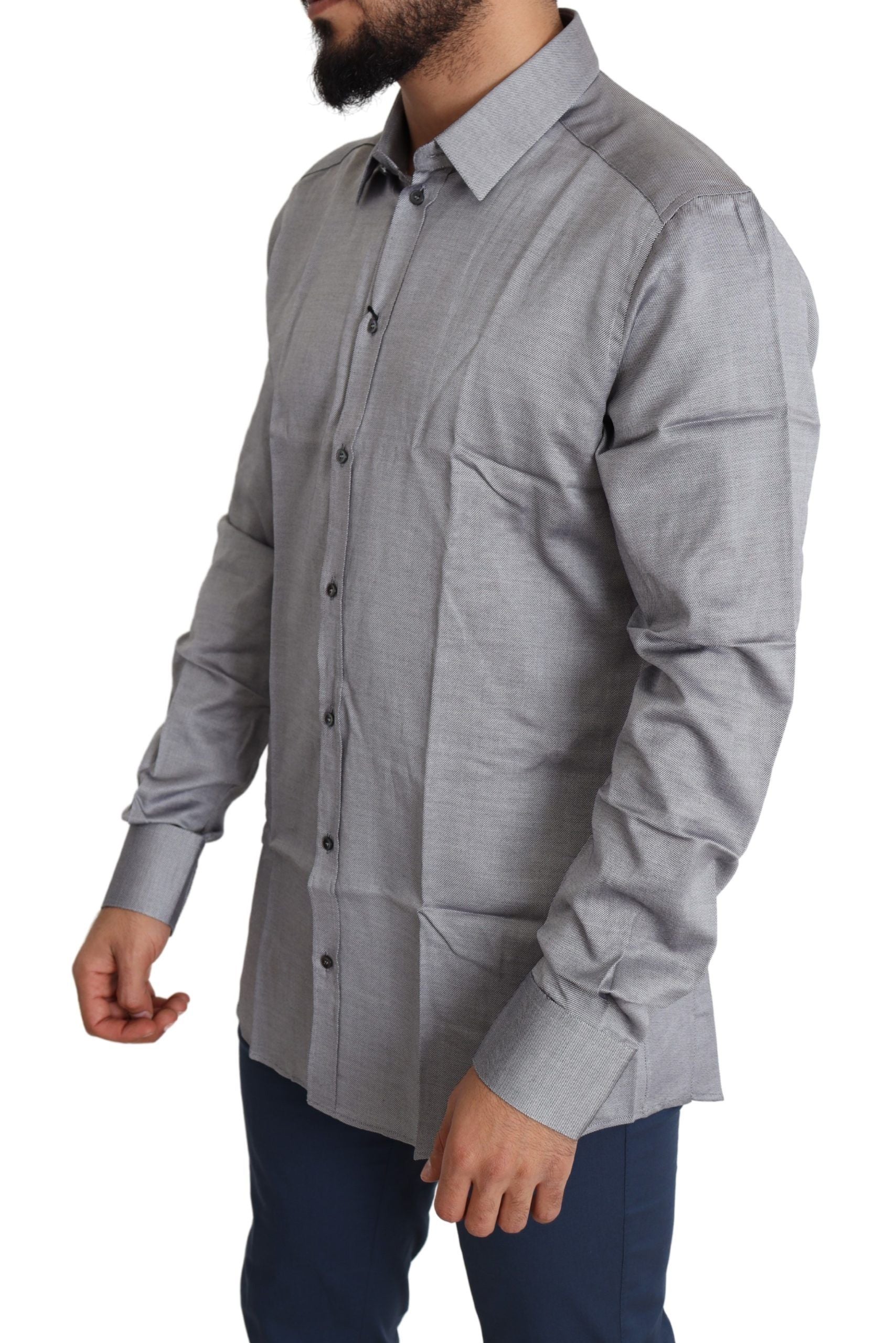 Gray Cotton Men Formal GOLD Dress Shirt - Designed by Dolce & Gabbana Available to Buy at a Discounted Price on Moon Behind The Hill Online Designer Discount Store
