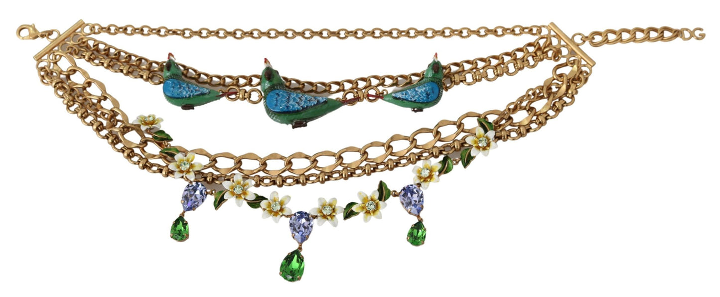 Gold Parrot Crystal Floral Charm Statement Necklace - Designed by Dolce & Gabbana Available to Buy at a Discounted Price on Moon Behind The Hill Online Designer Discount Store