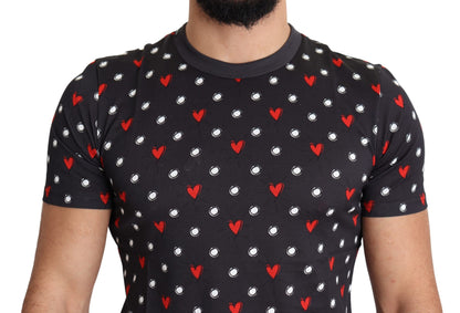 Dark Gray Hearts Print Cotton Men T-shirt - Designed by Dolce & Gabbana Available to Buy at a Discounted Price on Moon Behind The Hill Online Designer Discount Store