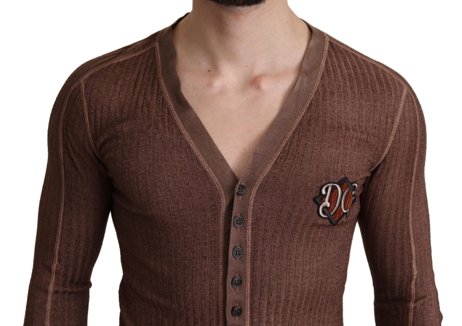 Brown Logo Button Cardigan V-neck Sweater - Designed by Dolce & Gabbana Available to Buy at a Discounted Price on Moon Behind The Hill Online Designer Discount Store