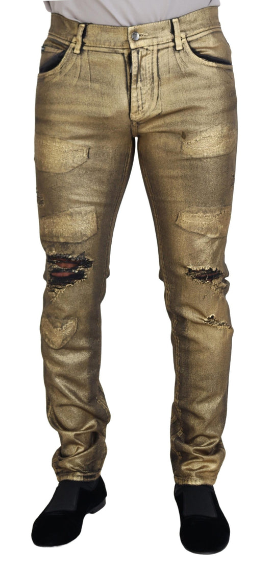 Dolce & Gabbana Men's Gold Cotton Tattered Skinny Men Denim Jeans - Designed by Dolce & Gabbana Available to Buy at a Discounted Price on Moon Behind The Hill Online Designer Discount Store
