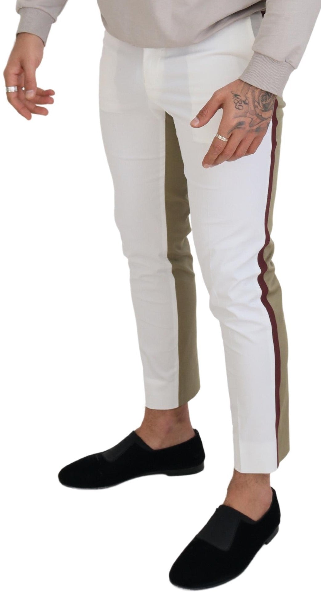 Dolce & Gabbana Men's White Brown Slim Fit Chino Pants - Designed by Dolce & Gabbana Available to Buy at a Discounted Price on Moon Behind The Hill Online Designer Discount Store