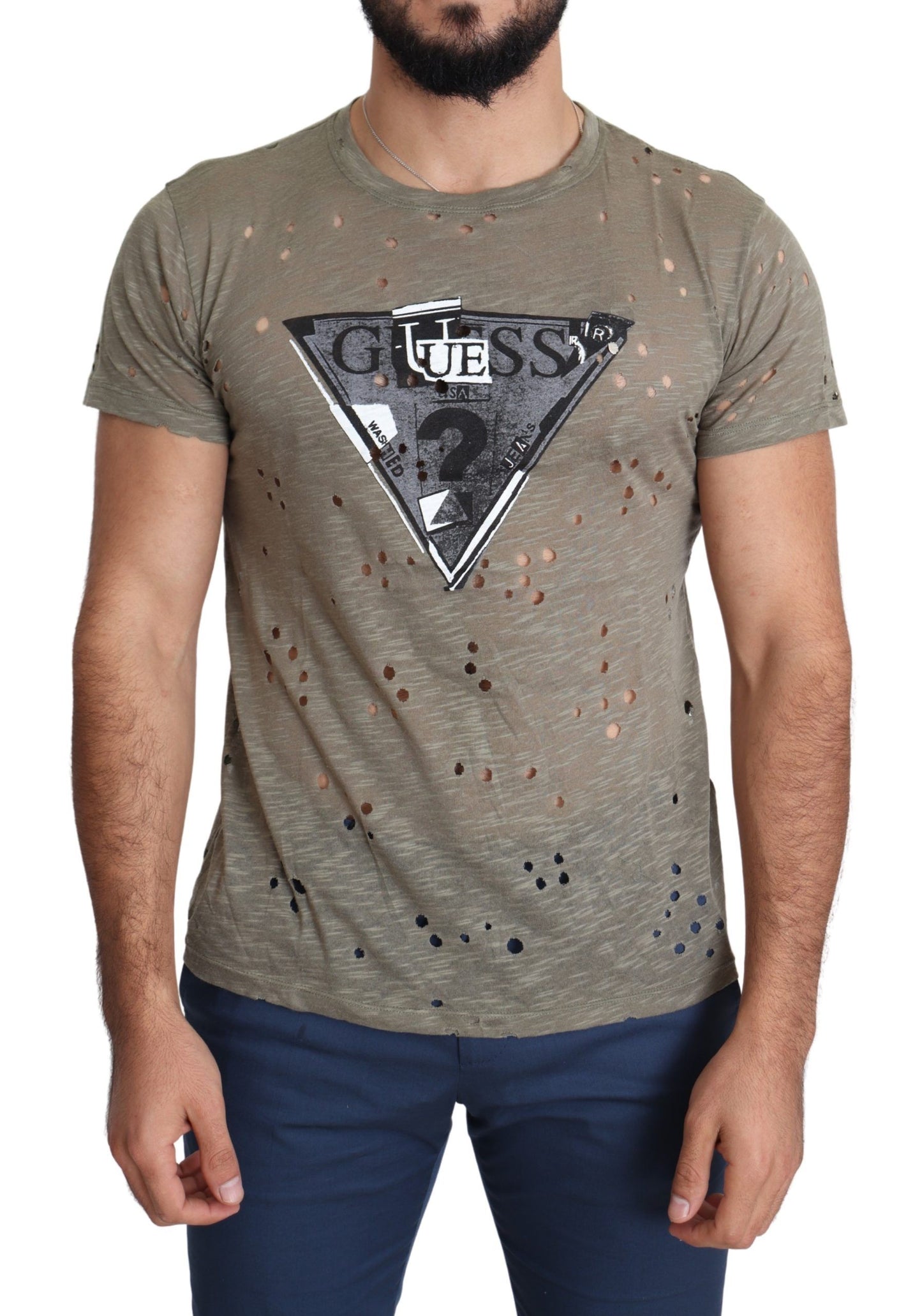 Brown Cotton Stretch Logo Print Men Casual Perforated T-shirt - Designed by Guess Available to Buy at a Discounted Price on Moon Behind The Hill Online Designer Discount Store
