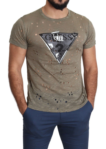 Brown Cotton Stretch Logo Print Men Casual Perforated T-shirt - Designed by Guess Available to Buy at a Discounted Price on Moon Behind The Hill Online Designer Discount Store