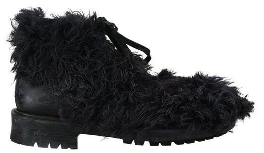 Dolce & Gabbana Black Leather Combat Shearling Boots Shoes - Designed by Dolce & Gabbana Available to Buy at a Discounted Price on Moon Behind The Hill Online Designer Discount Store
