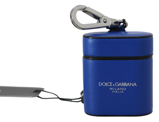 Blue Leather Silver Metal Logo Airpods Case - Designed by Dolce & Gabbana Available to Buy at a Discounted Price on Moon Behind The Hill Online Designer Discount Store
