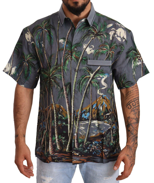 Gray Linen Tropical Print Collared Shirt - Designed by Dolce & Gabbana Available to Buy at a Discounted Price on Moon Behind The Hill Online Designer Discount Store