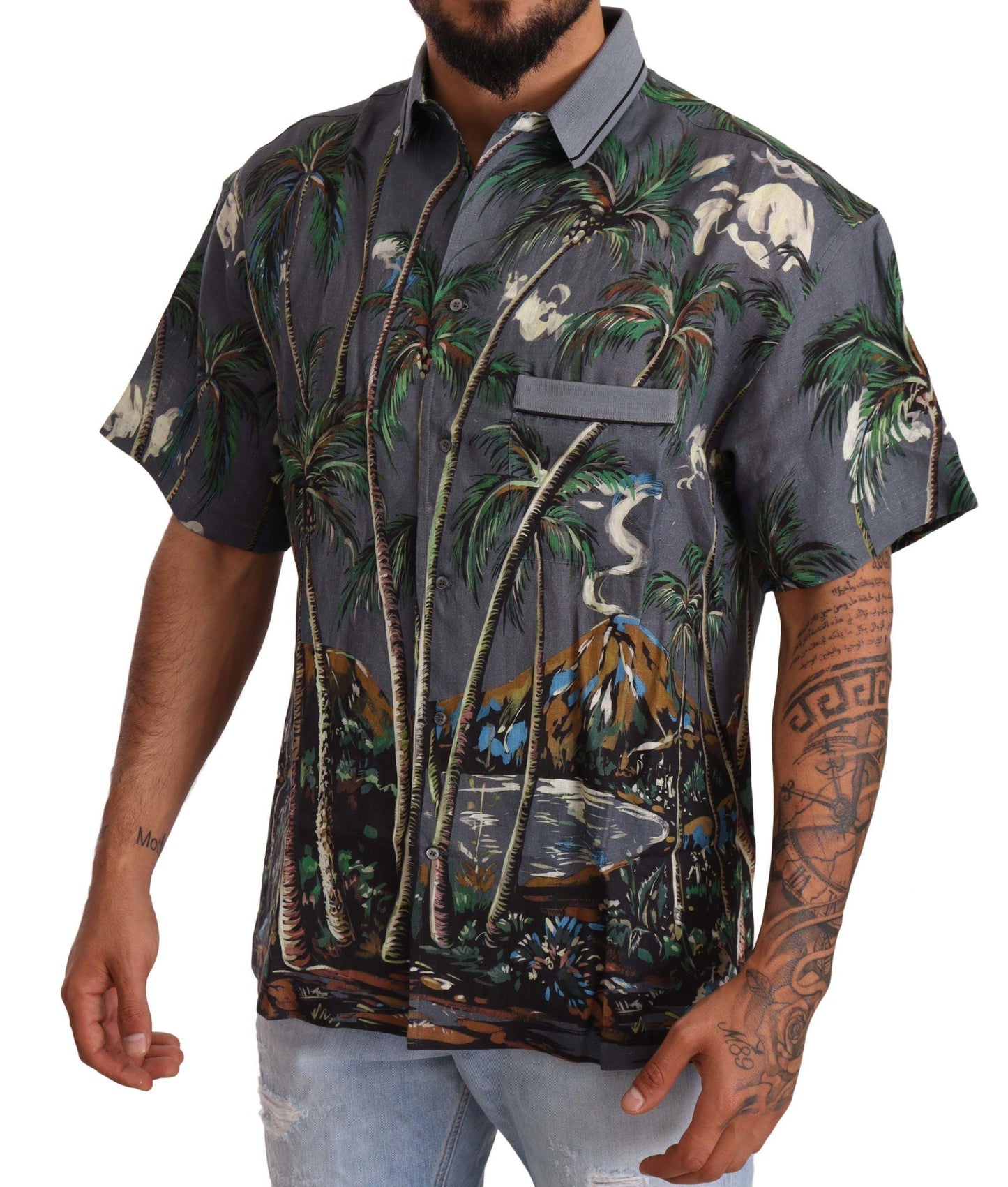 Gray Linen Tropical Print Collared Shirt - Designed by Dolce & Gabbana Available to Buy at a Discounted Price on Moon Behind The Hill Online Designer Discount Store