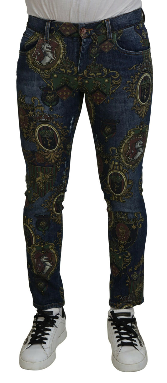 Dolce & Gabbana Blue Heraldic Print Cotton Skinny Denim Jeans - Designed by Dolce & Gabbana Available to Buy at a Discounted Price on Moon Behind The Hill Online Designer Discount Store