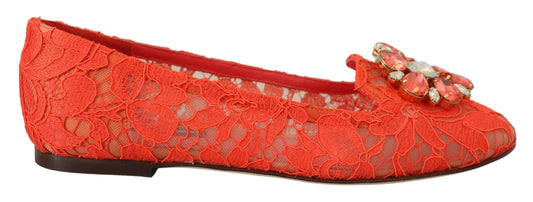 Dolce & Gabbana Red Taormina Lace Crystals Ballet Flats Shoes - Designed by Dolce & Gabbana Available to Buy at a Discounted Price on Moon Behind The Hill Online Designer Discount Store