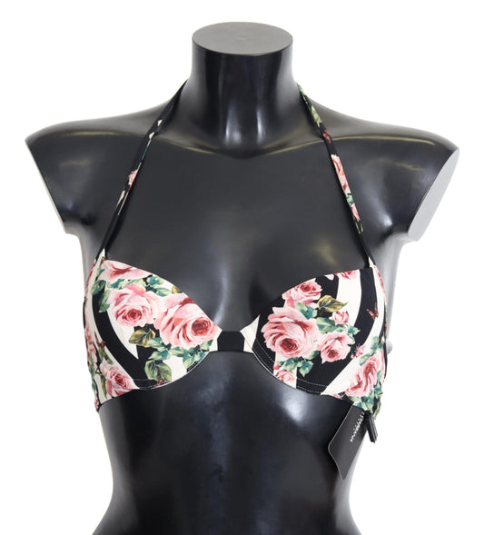 Dolce & Gabbana Multicolour Striped Rose Print Swimwear Bikini Tops - Designed by Dolce & Gabbana Available to Buy at a Discounted Price on Moon Behind The Hill Online Designer Discount Store
