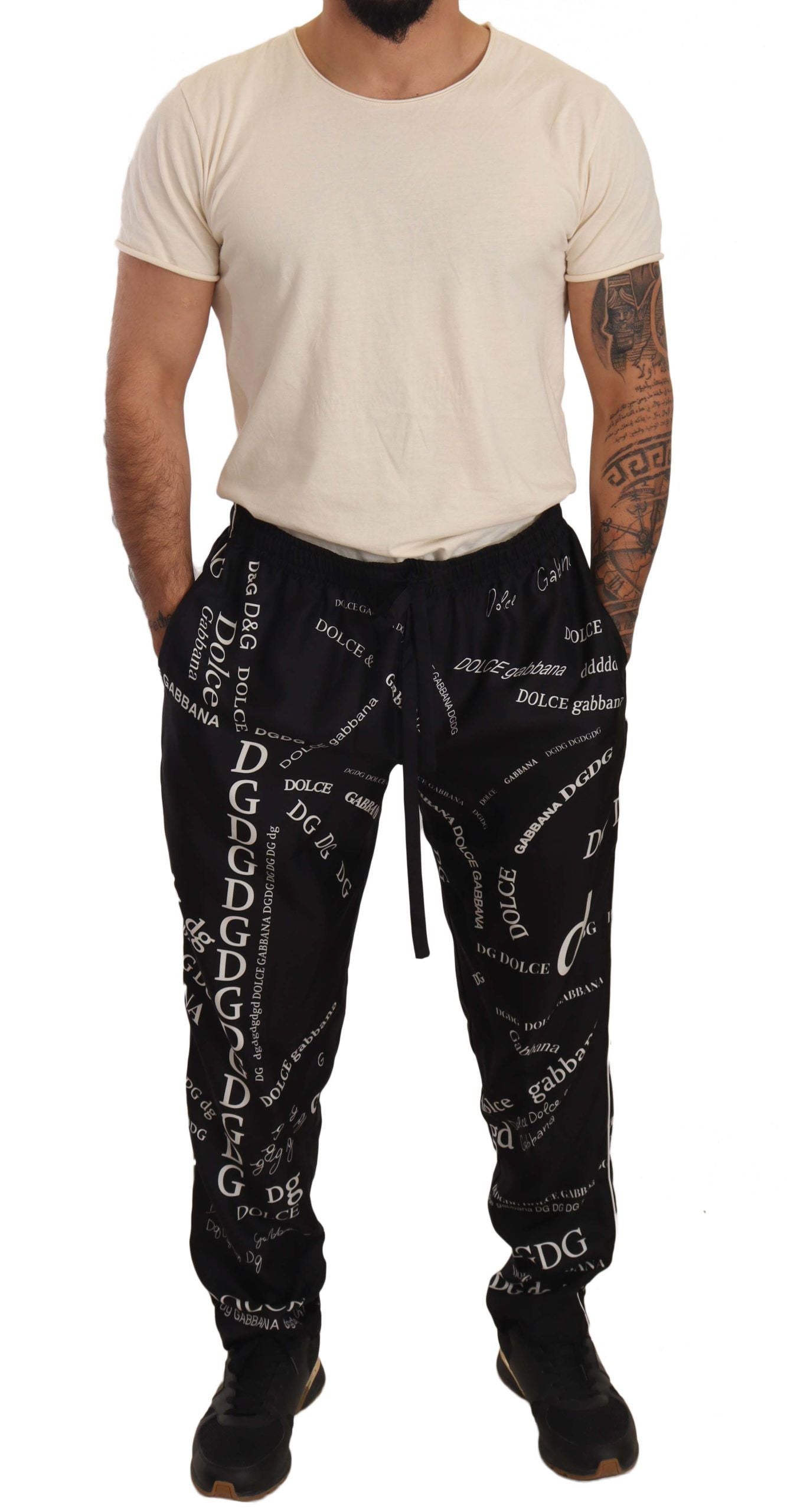 Black Silk Logo Print Lounge Jogging Trousers Pants - Designed by Dolce & Gabbana Available to Buy at a Discounted Price on Moon Behind The Hill Online Designer Discount Store