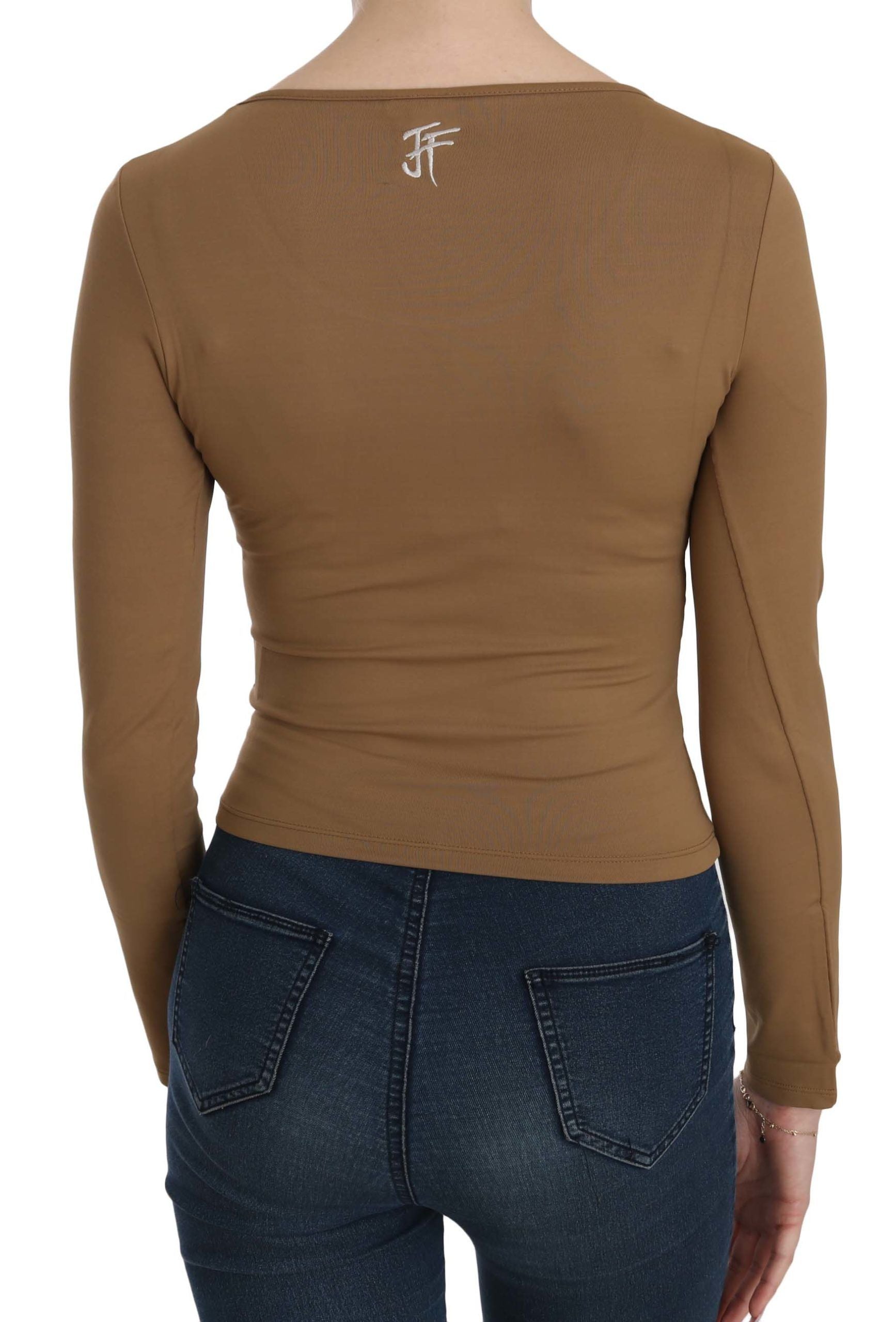 Brown Long Round Neck Sleeve Fitted Shirt Tops Blouse - Designed by GF Ferre Available to Buy at a Discounted Price on Moon Behind The Hill Online Designer Discount Store