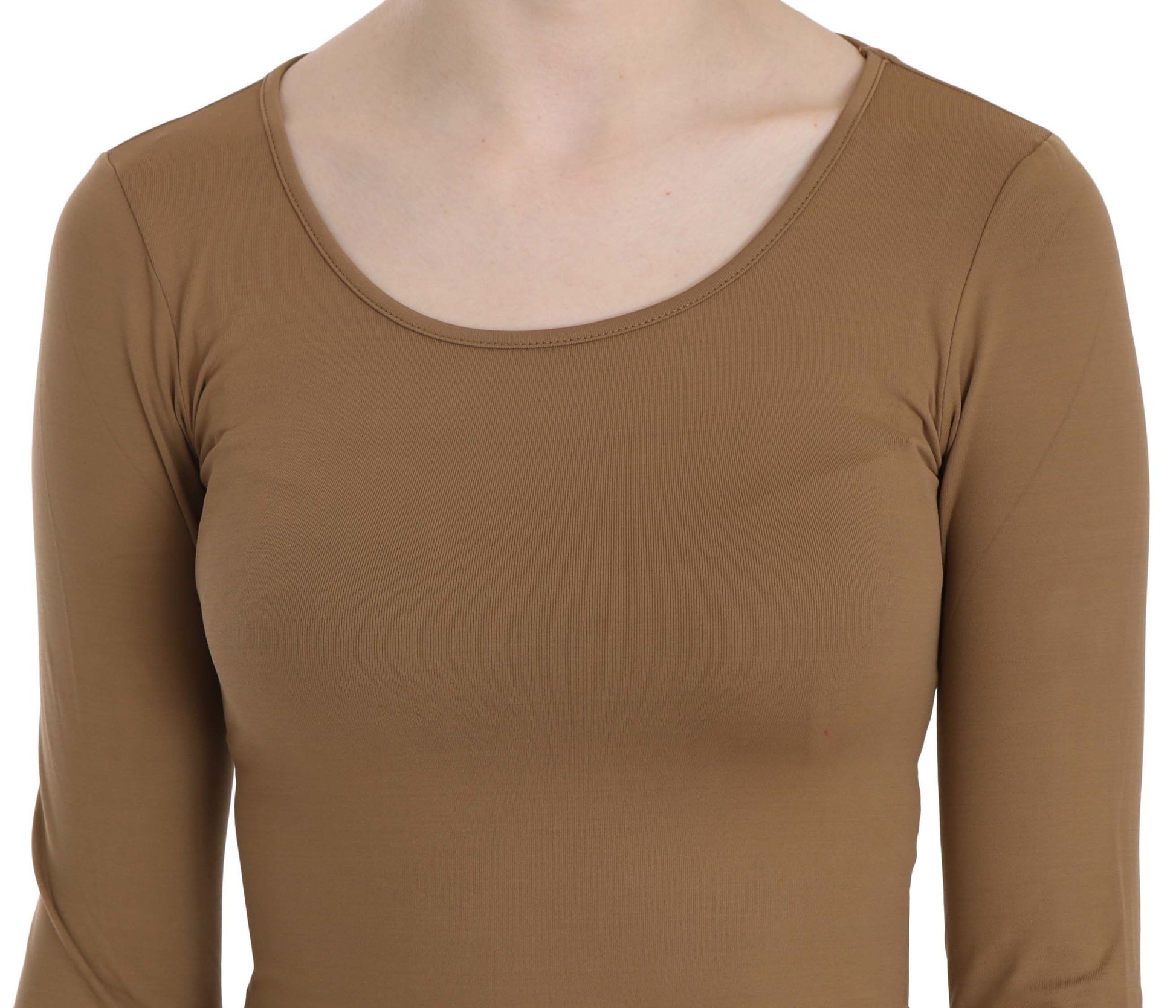 Brown Long Round Neck Sleeve Fitted Shirt Tops Blouse - Designed by GF Ferre Available to Buy at a Discounted Price on Moon Behind The Hill Online Designer Discount Store
